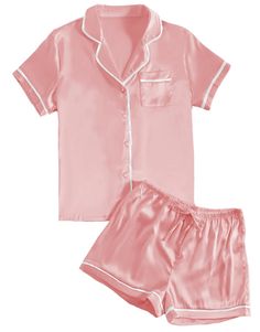 PRICES MAY VARY. Fabric: This satin 2piece pajamas set is made from high-quality satin, it's smooth, breathable and lightweight very comfortable for year round wear. Features: The silk sleepwear designed classic notch neck button front shirt top with chest pocket. And the short has comfy elastic waistband and adjustable drawstring and the loose fit and cozy style with beautiful detail that you can style from day to night. Unique design: Casual pajamas set is necessary for your around the house o Pijamas Women, Bridesmaid Pjs, Satin Pj Set, Pyjama Satin, Cute Pajama Sets, Satin Short, Short Pj Set, Cute Pajamas, Satin Pyjama Set