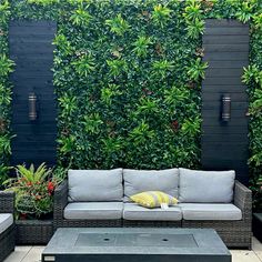 an outdoor living area with couches, tables and potted plants on the wall