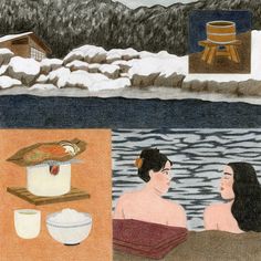 two people sitting in a hot tub next to the water