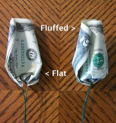 two images show the same amount of money wrapped in paper and tied to cords, with one dollar bill sticking out of it