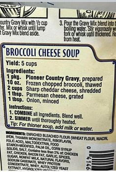 a close up of a label for broccoli cheese soup