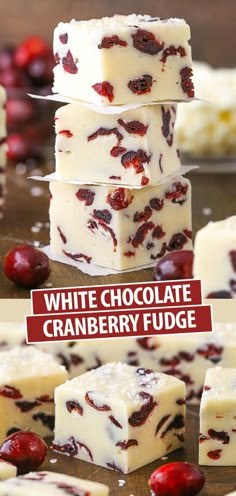 white chocolate cranberry fudge is stacked on top of each other