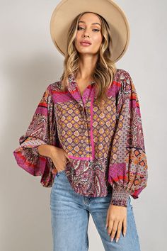 Puff Sleeve Button Up Blouse Boho Print Flowy Fit Collard w/ Full Button Front Smocked Cuffs 100% Polyester Sizing Recommendations Small 0/2/4 Medium 4/6/8 Large 8/10/12 Hippie Blouse, Boho Beauty, Boho Blouse, Flowy Top, Boho Print, Flowy Tops, Effortless Chic, Puff Sleeve Top, Boho Blouses