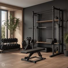 there is a gym with many different equipment in the room, including a bench and dumbbells