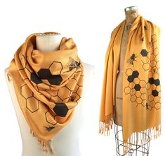 "Honey Bee Print Scarf. Black and gold Bee hive linen-weave pashmina scarf. This new design is the bees knees! Honey bees have arguably the most complex social behavior among all bees, and their hive is a symbol of industry and cooperation. Our 2015 new and improved version has so much more bees and hive graphic for you! Original illustration. ► Shown: gold on black, chocolate brown on butter, black on gold. You can get creative with other colors too, this design looks great in any color combo! Honeycomb Scarf, Bee Outfit, Oh Honey, Bee Dress, Bee Inspired, Bee Jewelry, Social Behavior, Bee Gifts, Honey Bees