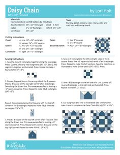 the daisy chain quilt pattern is shown in blue and white, with instructions to make it