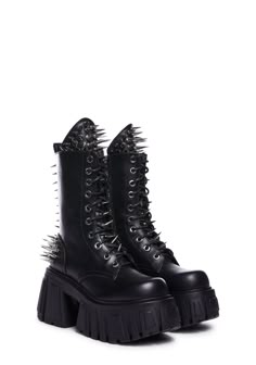 need an emotional outlet? These combat boots have a vegan leather construction, spiked stud hardware all over, adjustable lace-up ties, pull loops, molded chunky platform and block heels, and side zip closures. New Rock Boots, Boots Mid Calf, Alternative Shoes, Platform Combat Boots, Studs And Spikes, Black Combat Boots, Fancy Shoes, New Rock, Rave Festival