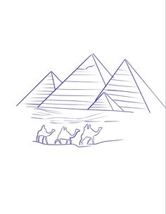 three camels are standing in front of the pyramids, one is drawn by hand