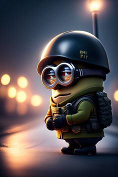 a minion with goggles and a helmet is standing in the street at night