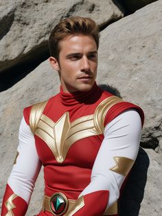 a man in a red and white costume is sitting on a rock with his arms crossed