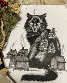 a drawing of a cat sitting on top of a table next to a broom and christmas tree