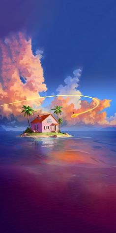 an island in the middle of the ocean with a house and palm trees on it