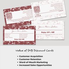 three red and white business cards with the words value of $ 3 00 per card