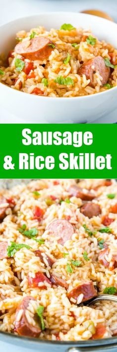 sausage and rice skillet in a white bowl with a green sign above it that says sausage and rice skillet