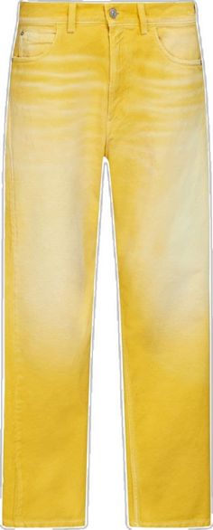 Yellow Five-pocket Pants For Spring, Spring Yellow Pants With Five Pockets, Yellow Wide Leg Cotton Jeans, Trendy Yellow Straight Leg Jeans, Yellow Wide Leg Jeans For Summer, Yellow Straight Leg Jeans For Streetwear, Casual Yellow Pants With Five Pockets, Yellow Straight Leg Denim Bottoms, Yellow Straight Leg Jeans With Five Pockets