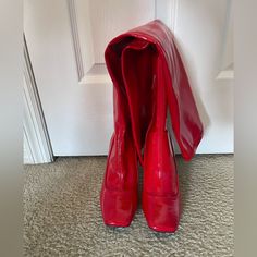 A Stiletto Heel Adds Extra Cool Factor To These Ultra-Sleek Square-Toe Over-The-Knee Boots From I.N.C. International Concepts Red Patent 3-3/4" Stiletto Heel Shaft Height: 20-1/10"; Circumference: 7-3/10"; Measured On A Size 6 Square-Toe Boots With Half-Zipper Closure Cushioned Insole And Flexible Sole For Added Comfort Note: Shaft Height And Circumference Vary By Size. Created For Macy's Pu/Manmade Upper; Fabric Lining; Rubber Sole Imported Red Fitted Synthetic Boots, Red Synthetic Boots, Fitted Red Synthetic Boots, Red Fitted Block Heel Shoes, Fitted Red Block Heels, Red Block Heel Shoes, Party Boots With Red Sole And Square Toe, Fitted Patent Leather Boots With Red Sole, Red Fitted Square Toe Heels