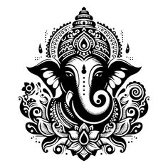 an elephant's head in the middle of ornate designs on a white background with black ink