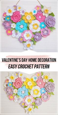 crochet valentine's day home decoration with flowers on the front and back