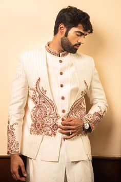 Buy Off White Handloom Silk Embellished Floral Layered Bandhgala Set For Men by Soniya G Online at Aza Fashions. Kurta Koti, Indian Wedding Suits Men, Indian Wedding Clothes For Men, Indian Groom Wear, Haldi Outfit, Kurta Patterns, Wedding Outfit Men, Embellished Collar, Kurta Neck Design