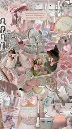 the collage is full of pink and white items, such as perfume bottles, flowers, hearts, and other things