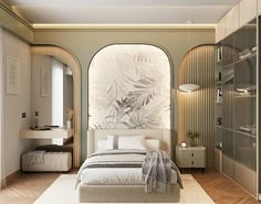 the bedroom is decorated in neutral colors and features an art deco mural on the wall