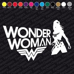 wonder woman logo decal on a black background with color swats in the bottom left corner