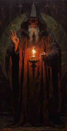 an image of a wizard holding a candle in front of his hand and looking at the viewer