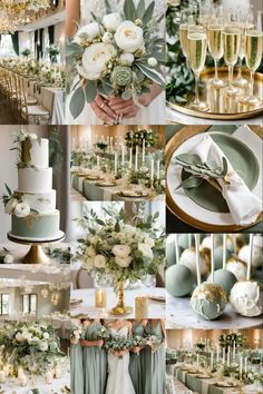 a collage of photos showing different types of wedding decorations and table settings with champagne glasses