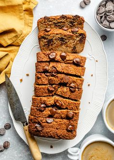 two slices of chocolate chip banana bread on a plate