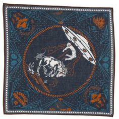 a blue bandana with an image of two horses and a man riding a horse