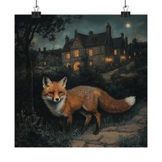 a painting of a fox in front of a house at night with the moon shining