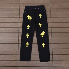 Chrome Hearts Yellow Cross Embroidered Applique Black Jeans Suitable Suitable For Any Season Unisex Brand New With Tag Brand: Chrome Hearts Colour:Black And Yellow Size: M Material: 100% Cotton Machine Washable, Hand Washable Chrome Hearts Jeans, Applique Jeans, Denim Chic, Patched Jeans, Embroidered Applique, Mens Straight Jeans, Grey Jeans, Chrome Hearts, Washed Jeans