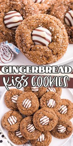 gingerbread kiss cookies on a white plate with chocolate candy in the middle and text overlay that reads, gingerbread kiss cookies