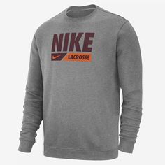 It's your game. Make sure everybody know in this classic Nike crew-neck top. Soft fleece is warm and comfortable for when the temperatures start to drop. Nike Club Fleece, Nike Crew Neck, Mens Lacrosse, Crew Neck Top, Mens Activewear, Lacrosse, Dark Grey, Active Wear, Adidas