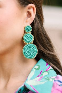 shop the mint, boutique clothing for women, trendy online boutique Spring Party Earrings With Round Beads, Trendy Beaded Earrings With Dangling Beads For Summer, Trendy Dangling Beaded Earrings For Summer, Trendy Summer Beaded Earrings With Dangling Beads, Turquoise Beaded Earrings For Summer, Fun Beaded Earrings For Summer, Round Beaded Earrings For Summer Vacation, Trendy Beaded Earrings For Vacation, Turquoise Round Bead Earrings For Summer