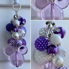 three different pictures of purple and white glass beaded items hanging from the side of a window