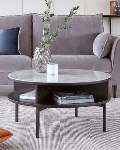 a living room with grey couches and a coffee table in front of the couch