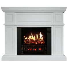 a white fireplace with flames in it