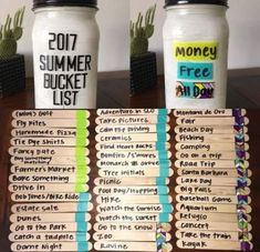 two mason jars with stickers on them are sitting next to each other and the words summer bucket list