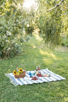 an outdoor picnic with sunflowers and fruit on the grass in front of trees