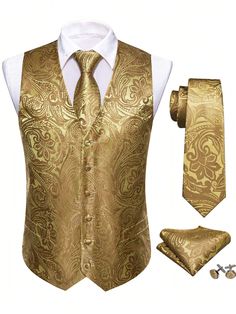 Gold Party Collar Sleeveless Fabric Paisley  Embellished Non-Stretch  Men Clothing Gold Wedding Shirt, Champagne Groomsmen Vest, Copper Vest Groomsmen, Art Deco Clothing Mens, Black Suit Vest, Gold Man, Wedding Vest, Men Waistcoat, Silk Vest