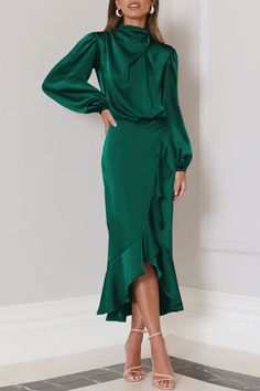 Details: Material: Satin Style: Elegant Pattern Type: Solid Element: Flounce, Fold Neckline: Turtleneck Silhouette: Evening Dress Sleeve Style: Lantern Sleeve Sleeve Length: Long Sleeve Clothing Length: Long Type: Solid Color Size(in) Bust Waist Hips Dresses Length Shoulder Width Sleeve Length S 37.4 24.8 39.4 50 14.4 24 M 39.4 26.8 41.3 50.8 15 24.4 L 41.3 28.7 43.3 51.6 15.4 24.8 XL 44.5 31.9 46.5 52.4 16.1 25.2 Tips:Due to the many variations in monitors, the color in the image could look sli Fold Turtleneck, Elegant Wedding Guest Dress, Evening Dresses With Sleeves, Satin Long Sleeve, Dress Sleeve Styles, Split Maxi Dress, Mini Robes, Elegant Dresses For Women, Split Dress