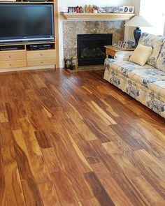 a living room with wood floors and a tv