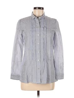 Burberry Brit Long Sleeve Button Down Shirt Size: P Tops - used. 71% COTTON, 16% LINEN, 13% SILK, Stripes | Burberry Brit Long Sleeve Button Down Shirt: Blue Stripes Tops - Size P Tall Cotton Button-up Tops With Vertical Stripes, Ralph Lauren Plaid Button-up Top, Luxury Striped Button-up Shirt, Striped Button-up Blouse With Button Closure, Striped Button-up Tops With Button Closure, Blue Striped Top, Burberry Brit, Button Downs, Blue Grey