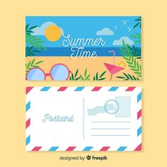 two postcard designs with the words summer time and an image of a beach scene