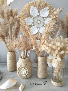 three vases filled with dried plants and seashells