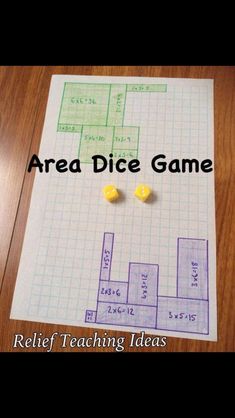 a piece of paper with two dices on it and the words area dice game