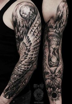 two men with tattoos on their arms, one has an eagle and the other is a bear