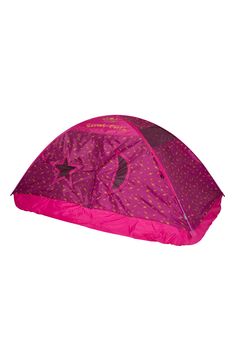 a pink and purple tent with stars on the front, sitting against a white background