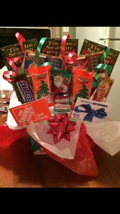 a christmas gift basket with candy and candies